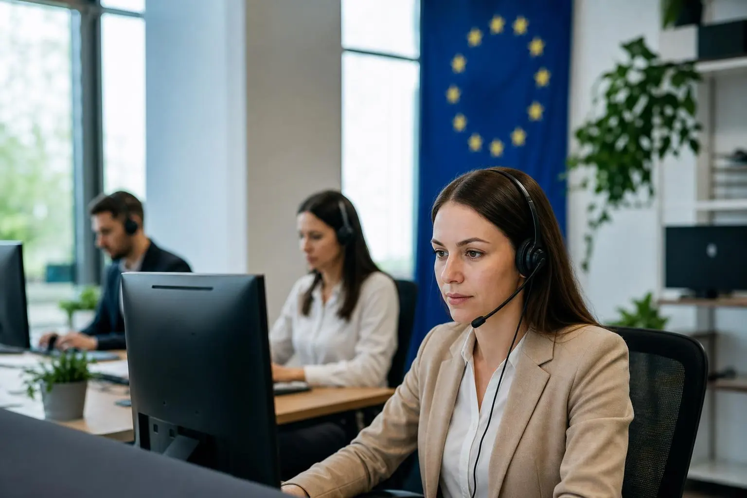 Customer service agents wearing headsets work at computers in a bright office with a European Union flag in the background.